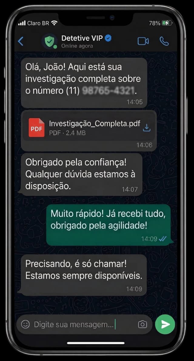 Exemplo de entrega da investigação via WhatsApp no celular